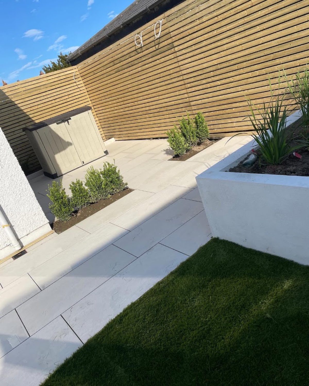 Cedar slatted screen above porcelain paving with clipped box planting